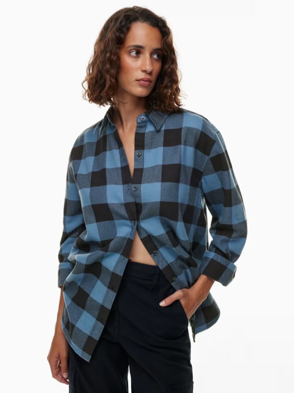 Wilfred Free Aritzia Blue Black Plaid Sail Button Down Shirt Flannel Women's XS